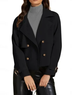Sale Women's Casual Jacket Comfortable Breathable Buttons Casual Plain Vacation Street Casual Daily Wear Double Breasted Short Turndown Regular Fit Long Sleeve Outerwear Spring Fall Women Jackets|Coats & Trench Coats