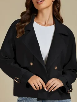 Sale Women's Casual Jacket Comfortable Breathable Buttons Casual Plain Vacation Street Casual Daily Wear Double Breasted Short Turndown Regular Fit Long Sleeve Outerwear Spring Fall Women Jackets|Coats & Trench Coats