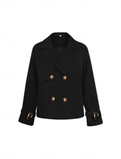 Sale Women's Casual Jacket Comfortable Breathable Buttons Casual Plain Vacation Street Casual Daily Wear Double Breasted Short Turndown Regular Fit Long Sleeve Outerwear Spring Fall Women Jackets|Coats & Trench Coats