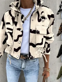 Discount Women's Casual Jacket Comfortable Breathable Zipper Print Casual Color Block Vacation Street Casual Daily Wear Zipper Short Turndown Regular Fit Long Sleeve Outerwear Black White Yellow Spring Fall Women Coats & Trench Coats