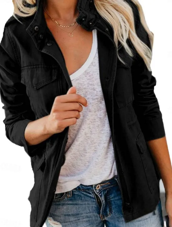 Discount Women's Casual Jacket Comfortable Breathable Zipper Pocket Fashion Casual Plain Vacation Street Casual Daily Wear Zipper Regular Stand Collar Regular Fit Long Sleeve Outerwear Black Wine Brown Summer Women Jackets