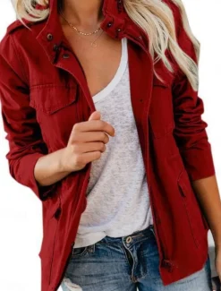 Discount Women's Casual Jacket Comfortable Breathable Zipper Pocket Fashion Casual Plain Vacation Street Casual Daily Wear Zipper Regular Stand Collar Regular Fit Long Sleeve Outerwear Black Wine Brown Summer Women Jackets