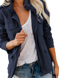 Discount Women's Casual Jacket Comfortable Breathable Zipper Pocket Fashion Casual Plain Vacation Street Casual Daily Wear Zipper Regular Stand Collar Regular Fit Long Sleeve Outerwear Black Wine Brown Summer Women Jackets