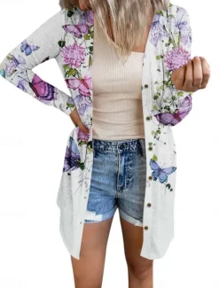 New Women's Casual Jacket Comfortable Breathable Print Casual Butterfly Vacation Street Casual Daily Wear Single Breasted Long V Neck Regular Fit Long Sleeve Outerwear White Red Purple Summer Spring Women Coats & Trench Coats