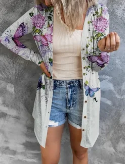 New Women's Casual Jacket Comfortable Breathable Print Casual Butterfly Vacation Street Casual Daily Wear Single Breasted Long V Neck Regular Fit Long Sleeve Outerwear White Red Purple Summer Spring Women Coats & Trench Coats
