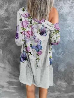 New Women's Casual Jacket Comfortable Breathable Print Casual Butterfly Vacation Street Casual Daily Wear Single Breasted Long V Neck Regular Fit Long Sleeve Outerwear White Red Purple Summer Spring Women Coats & Trench Coats