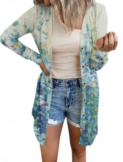 New Women's Casual Jacket Comfortable Breathable Print Casual Butterfly Vacation Street Casual Daily Wear Single Breasted Long V Neck Regular Fit Long Sleeve Outerwear White Red Purple Summer Spring Women Coats & Trench Coats