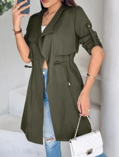 Discount Women's Casual Jacket Comfortable Breathable Pocket Fashion Casual Plain Vacation Street Casual Daily Wear Open Front Regular Turndown Regular Fit Long Sleeve Outerwear Black Khaki Army Green Summer Women Jackets|Coats & Trench Coats