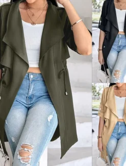 Discount Women's Casual Jacket Comfortable Breathable Pocket Fashion Casual Plain Vacation Street Casual Daily Wear Open Front Regular Turndown Regular Fit Long Sleeve Outerwear Black Khaki Army Green Summer Women Jackets|Coats & Trench Coats