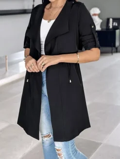 Discount Women's Casual Jacket Comfortable Breathable Pocket Fashion Casual Plain Vacation Street Casual Daily Wear Open Front Regular Turndown Regular Fit Long Sleeve Outerwear Black Khaki Army Green Summer Women Jackets|Coats & Trench Coats