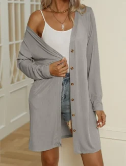 Discount Women's Casual Jacket Comfortable Breathable Buttons Casual Plain Vacation Street Casual Daily Wear Single Breasted Long V Neck Regular Fit Long Sleeve Outerwear Black White Blue Summer Spring Women Jackets|Coats & Trench Coats