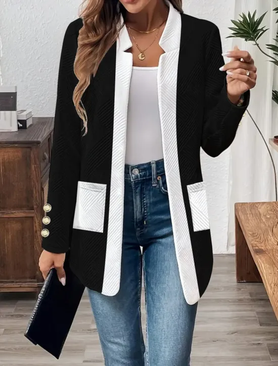 Discount Women's Casual Jacket Comfortable Breathable Pocket Buttons Casual Plain Vacation Street Casual Daily Wear Single Breasted Regular Stand Collar Regular Fit Long Sleeve Outerwear Black White Spring Women Jackets|Coats & Trench Coats