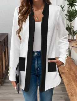 Discount Women's Casual Jacket Comfortable Breathable Pocket Buttons Casual Plain Vacation Street Casual Daily Wear Single Breasted Regular Stand Collar Regular Fit Long Sleeve Outerwear Black White Spring Women Jackets|Coats & Trench Coats