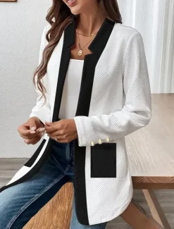 Discount Women's Casual Jacket Comfortable Breathable Pocket Buttons Casual Plain Vacation Street Casual Daily Wear Single Breasted Regular Stand Collar Regular Fit Long Sleeve Outerwear Black White Spring Women Jackets|Coats & Trench Coats