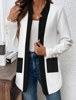 Discount Women's Casual Jacket Comfortable Breathable Pocket Buttons Casual Plain Vacation Street Casual Daily Wear Single Breasted Regular Stand Collar Regular Fit Long Sleeve Outerwear Black White Spring Women Jackets|Coats & Trench Coats
