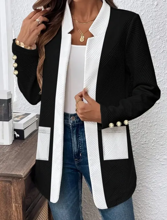 Discount Women's Casual Jacket Comfortable Breathable Pocket Buttons Casual Plain Vacation Street Casual Daily Wear Single Breasted Regular Stand Collar Regular Fit Long Sleeve Outerwear Black White Spring Women Jackets|Coats & Trench Coats