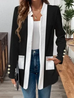 Discount Women's Casual Jacket Comfortable Breathable Pocket Buttons Casual Plain Vacation Street Casual Daily Wear Single Breasted Regular Stand Collar Regular Fit Long Sleeve Outerwear Black White Spring Women Jackets|Coats & Trench Coats