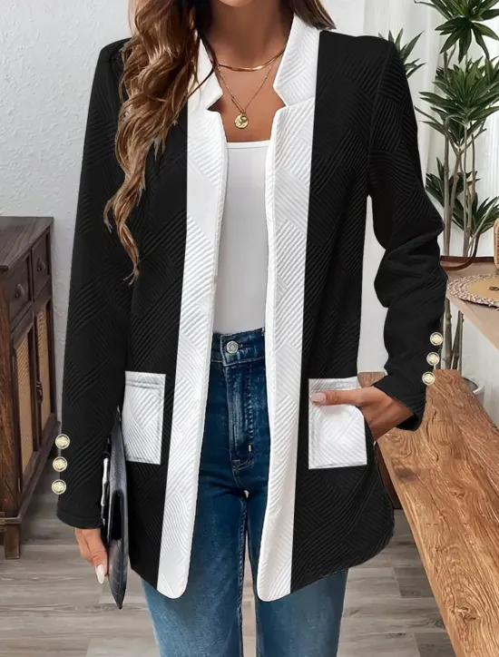 Discount Women's Casual Jacket Comfortable Breathable Pocket Buttons Casual Plain Vacation Street Casual Daily Wear Single Breasted Regular Stand Collar Regular Fit Long Sleeve Outerwear Black White Spring Women Jackets|Coats & Trench Coats