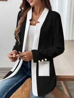 Discount Women's Casual Jacket Comfortable Breathable Pocket Buttons Casual Plain Vacation Street Casual Daily Wear Single Breasted Regular Stand Collar Regular Fit Long Sleeve Outerwear Black White Spring Women Jackets|Coats & Trench Coats