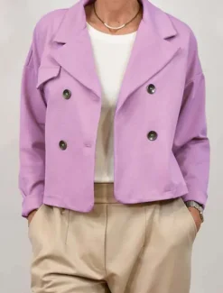 Outlet Women's Casual Jacket Comfortable Breathable Buttons Casual Plain Vacation Street Casual Daily Wear Double Breasted Short Turndown Regular Fit Long Sleeve Outerwear Pink Sky Blue Green Spring Fall Women Jackets