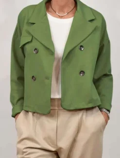 Outlet Women's Casual Jacket Comfortable Breathable Buttons Casual Plain Vacation Street Casual Daily Wear Double Breasted Short Turndown Regular Fit Long Sleeve Outerwear Pink Sky Blue Green Spring Fall Women Jackets