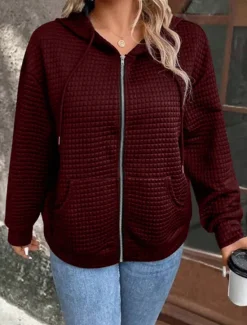 Women's Casual Jacket Hoodie Jacket Outdoor Street Daily Wear Fall Winter Regular Coat Regular Fit Thermal Warm Breathable Stylish Casual Jacket Long Sleeve Plain with Pockets Full Zip Black Wine Women Jackets