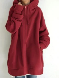 Online Women's Casual Jacket Hoodie Jacket Comfortable Breathable Zipper Pocket Casual Plain Street Casual Daily Wear Zipper Long Hooded Regular Fit Long Sleeve Outerwear Black Red Khaki Spring Fall Women Jackets
