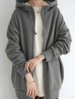 Online Women's Casual Jacket Hoodie Jacket Comfortable Breathable Zipper Pocket Casual Plain Street Casual Daily Wear Zipper Long Hooded Regular Fit Long Sleeve Outerwear Black Red Khaki Spring Fall Women Jackets