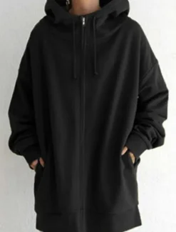 Online Women's Casual Jacket Hoodie Jacket Comfortable Breathable Zipper Pocket Casual Plain Street Casual Daily Wear Zipper Long Hooded Regular Fit Long Sleeve Outerwear Black Red Khaki Spring Fall Women Jackets
