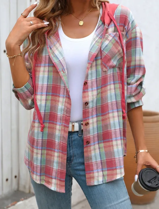 Women's Casual Jacket Hoodie Jacket Outdoor Street Daily Wear Fall Winter Regular Coat Regular Fit Thermal Warm Breathable Stylish Casual Jacket Long Sleeve Stripes and Plaid with Pockets Print Black Women Jackets