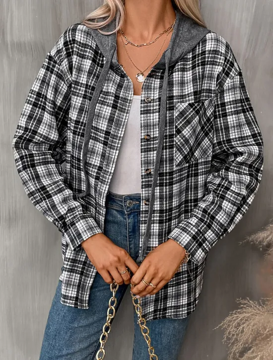 Women's Casual Jacket Hoodie Jacket Outdoor Street Daily Wear Fall Winter Regular Coat Regular Fit Thermal Warm Breathable Stylish Casual Jacket Long Sleeve Stripes and Plaid with Pockets Print Black Women Jackets