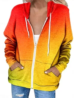 Sale Women's Casual Jacket Hoodie Jacket Outdoor Street Daily Wear Fall Winter Regular Coat Regular Fit Thermal Warm Breathable Stylish Casual Jacket Long Sleeve Color Gradient with Pockets Print Women Jackets