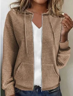 Best Women's Casual Jacket Hoodie Jacket Comfortable Breathable Zipper Pocket Full Zip Casual Plain Vacation Street Casual Daily Wear Zipper Regular Hooded Regular Fit Long Sleeve Outerwear Black White Women Jackets