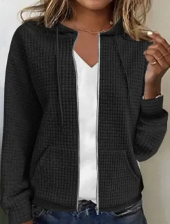 Best Women's Casual Jacket Hoodie Jacket Comfortable Breathable Zipper Pocket Full Zip Casual Plain Vacation Street Casual Daily Wear Zipper Regular Hooded Regular Fit Long Sleeve Outerwear Black White Women Jackets