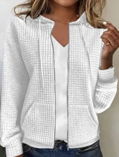 Best Women's Casual Jacket Hoodie Jacket Comfortable Breathable Zipper Pocket Full Zip Casual Plain Vacation Street Casual Daily Wear Zipper Regular Hooded Regular Fit Long Sleeve Outerwear Black White Women Jackets