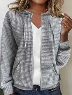 Best Women's Casual Jacket Hoodie Jacket Comfortable Breathable Zipper Pocket Full Zip Casual Plain Vacation Street Casual Daily Wear Zipper Regular Hooded Regular Fit Long Sleeve Outerwear Black White Women Jackets
