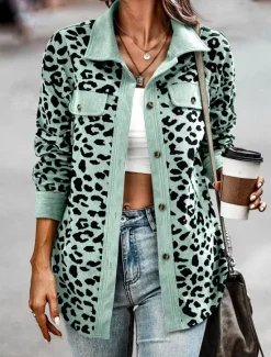 Online Women's Casual Jacket Outdoor Street Daily Wear Fall Winter Regular Coat Regular Fit Thermal Warm Breathable Stylish Casual Jacket Long Sleeve Leopard with Pockets Print Pink Blue Green Women Jackets
