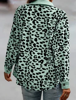 Online Women's Casual Jacket Outdoor Street Daily Wear Fall Winter Regular Coat Regular Fit Thermal Warm Breathable Stylish Casual Jacket Long Sleeve Leopard with Pockets Print Pink Blue Green Women Jackets