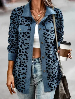Online Women's Casual Jacket Outdoor Street Daily Wear Fall Winter Regular Coat Regular Fit Thermal Warm Breathable Stylish Casual Jacket Long Sleeve Leopard with Pockets Print Pink Blue Green Women Jackets