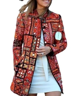 Hot Women's Casual Jacket Outdoor clothing Pocket Floral Comfortable Patterned Loose Fit Outerwear Long Sleeve Fall Red Casual Fashion Street Women Jackets