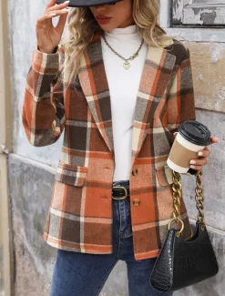 Hot Women's Casual Jacket Outdoor Street Daily Wear Fall Winter Regular Coat Regular Fit Thermal Warm Breathable Stylish Casual Jacket Long Sleeve Stripes and Plaid with Pockets Print Women Blazers & Suits