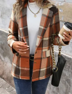 Hot Women's Casual Jacket Outdoor Street Daily Wear Fall Winter Regular Coat Regular Fit Thermal Warm Breathable Stylish Casual Jacket Long Sleeve Stripes and Plaid with Pockets Print Women Blazers & Suits