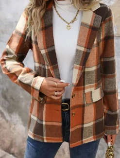 Hot Women's Casual Jacket Outdoor Street Daily Wear Fall Winter Regular Coat Regular Fit Thermal Warm Breathable Stylish Casual Jacket Long Sleeve Stripes and Plaid with Pockets Print Women Blazers & Suits