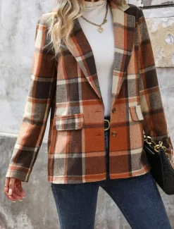Hot Women's Casual Jacket Outdoor Street Daily Wear Fall Winter Regular Coat Regular Fit Thermal Warm Breathable Stylish Casual Jacket Long Sleeve Stripes and Plaid with Pockets Print Women Blazers & Suits