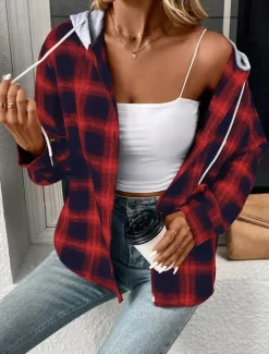 Sale Women's Casual Jacket Outdoor Street Daily Wear Fall Winter Regular Coat Regular Fit Thermal Warm Breathable Stylish Casual Jacket Long Sleeve Stripes and Plaid with Pockets Print Pink Red Brown Women Jackets