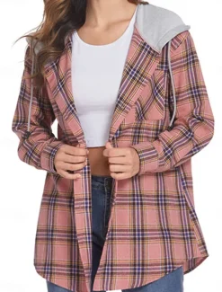 Sale Women's Casual Jacket Outdoor Street Daily Wear Fall Winter Regular Coat Regular Fit Thermal Warm Breathable Stylish Casual Jacket Long Sleeve Stripes and Plaid with Pockets Print Pink Red Brown Women Jackets