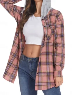 Sale Women's Casual Jacket Outdoor Street Daily Wear Fall Winter Regular Coat Regular Fit Thermal Warm Breathable Stylish Casual Jacket Long Sleeve Stripes and Plaid with Pockets Print Pink Red Brown Women Jackets
