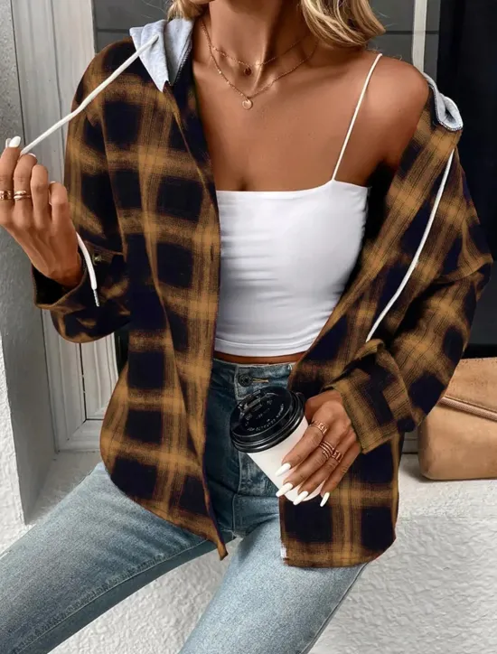 Sale Women's Casual Jacket Outdoor Street Daily Wear Fall Winter Regular Coat Regular Fit Thermal Warm Breathable Stylish Casual Jacket Long Sleeve Stripes and Plaid with Pockets Print Pink Red Brown Women Jackets