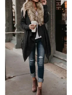 Discount Women's Casual Jacket Outdoor Fur Collar Solid Color Windproof Fashion Regular Fit Outerwear Long Sleeve Fall Black S Women Jackets|Coats & Trench Coats