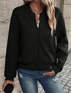 Online Women's Casual Jacket Outdoor Street Daily Fall Winter Regular Coat Regular Fit Windproof Warm Breathable Stylish Contemporary Casual Jacket Long Sleeve Plain Full Zip Black White Gray Women Jackets